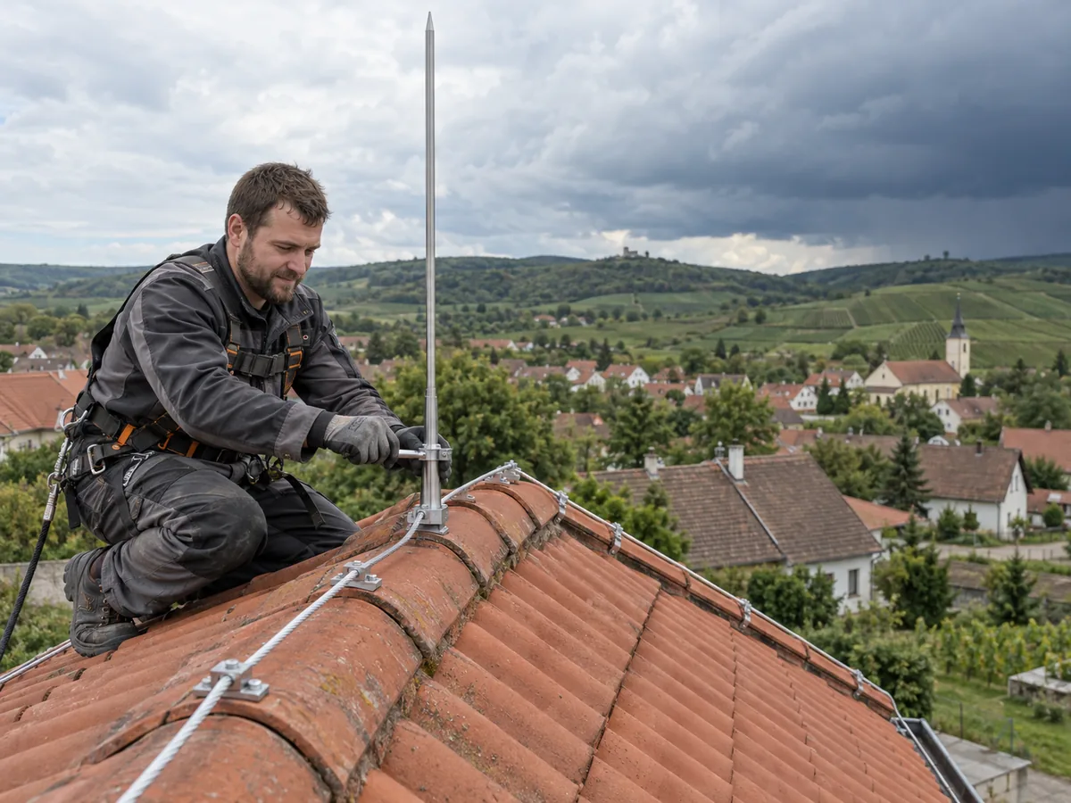 Montážník upevňuje jímací tyč hromosvodu na hřebeni střechy rodinného domu na Moravě