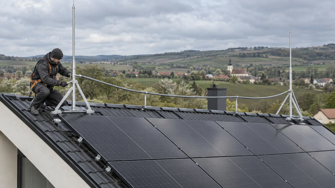 Izolovaný hromosvod se stožárky na střeše s fotovoltaickými panely