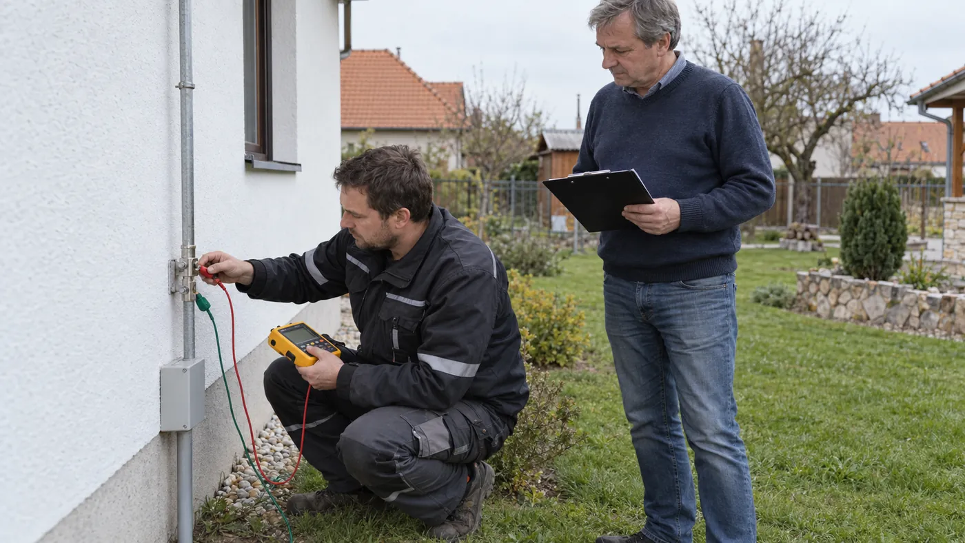 Revizní technik měří zemní odpor hromosvodu u rodinného domu